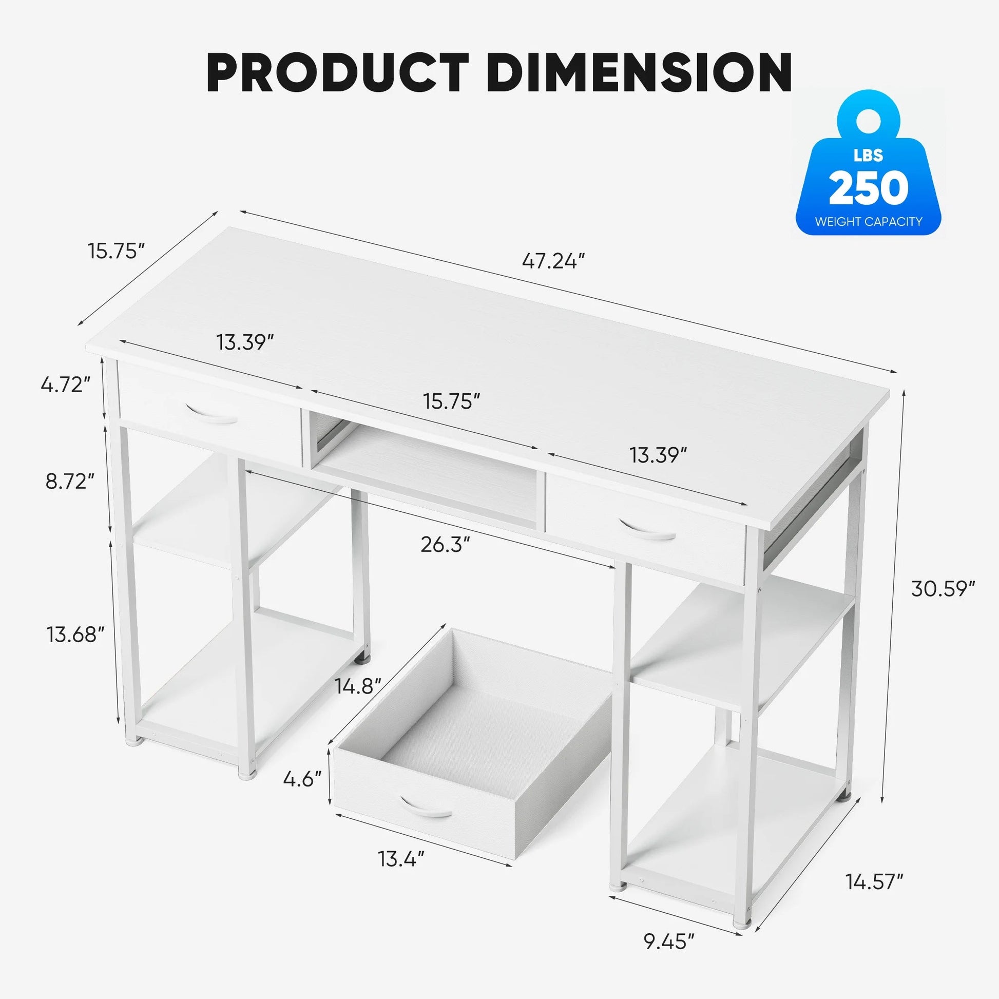 Small Desk Fabric Drawers & Storage Shelves, Home Office Computer Desk, Writing Desk Small Space Desk Study Table for Home, Bedroom, 48 Inch, White