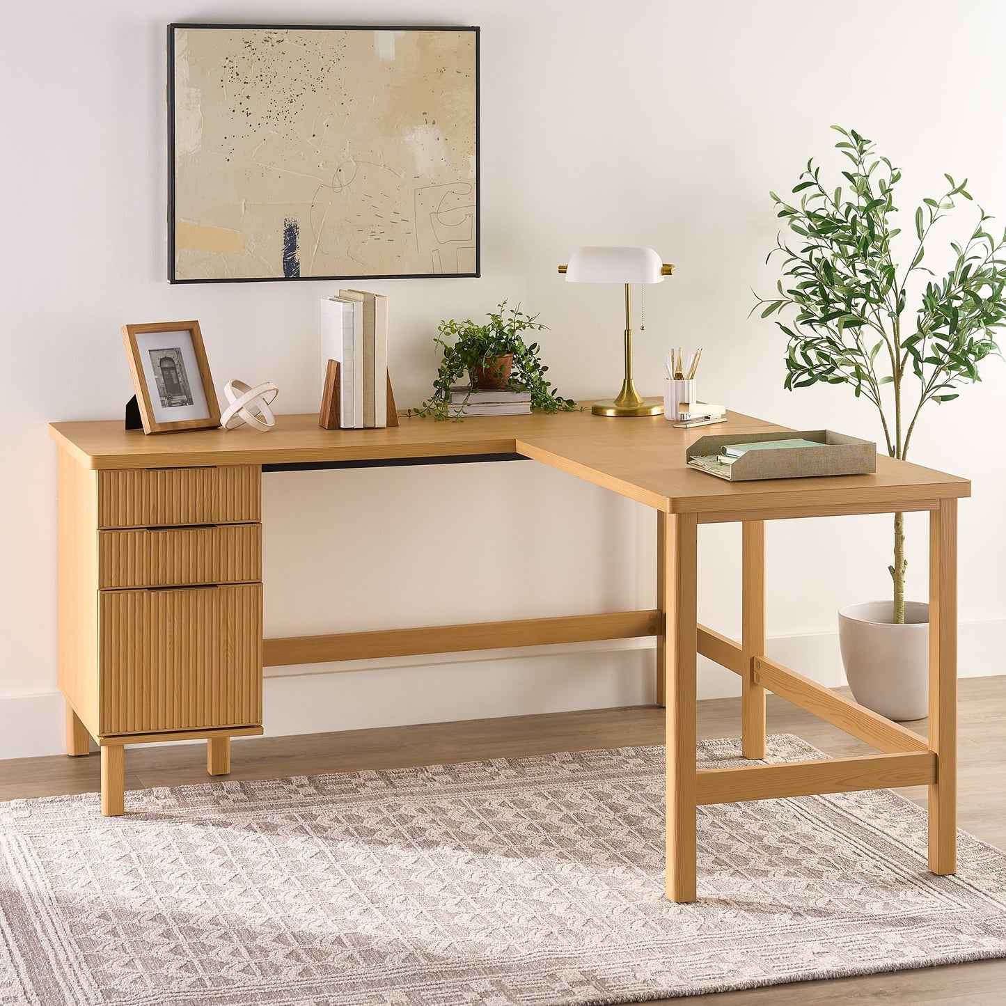 Lillian Fluted L-Shape Desk, Natural Pine Finish
