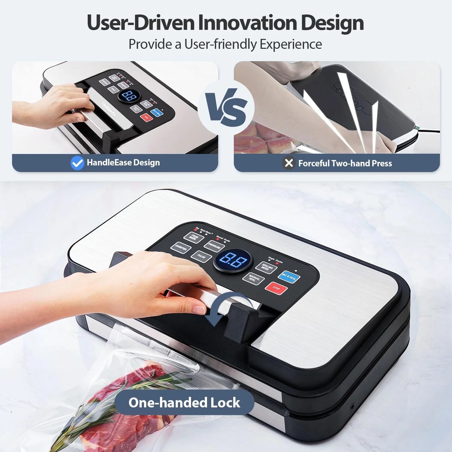 95Kpa Powerful Vacuum Sealer, Aeitto Food Sealer with 10-In-1 Functions, Easy-Lock Handle, Double Heat Seal & Double Pump, for Food with Bags Storage, Built-In Cutter,Stainless Steel