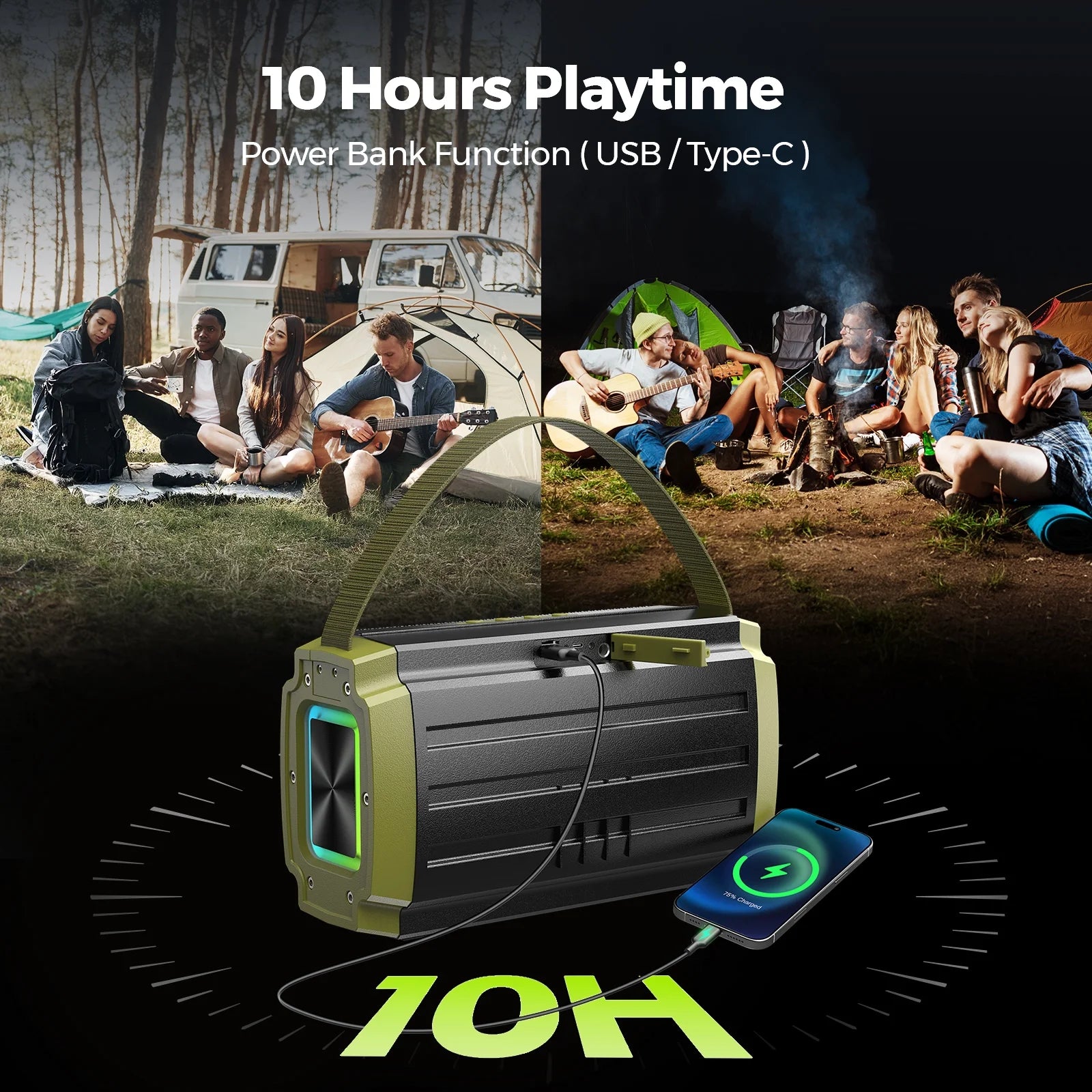 Bluetooth Speaker, 80W, Subwoofer, RGB Lights, 10H Playtime, IPX6 Waterproof Portable Wireless Speaker with Handle for Outdoors, Camping, Beach