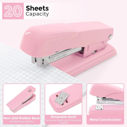 SKYDUE Pink Desk Accessories 10Pcs, Rotating Pen Holder for Desk, Stapler, Staple Remover, Tape Dispenser,2Pcs Tape Refills, Binder Paper Clips Kit, Scissor,Pink Office School Supplies