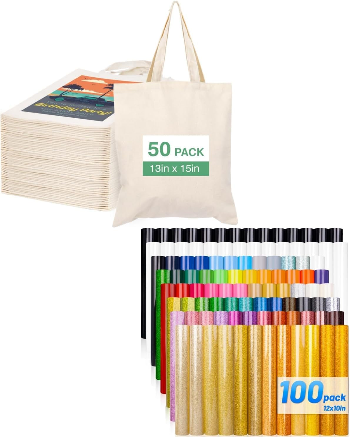 Lzerking Professional Branding Bundle - 50 Pack 13X15 Heavy-Duty Canvas Tote Bags + 63 Color HTV Sheets | Custom Logo Printing Kit for Businesses, Teams & Events