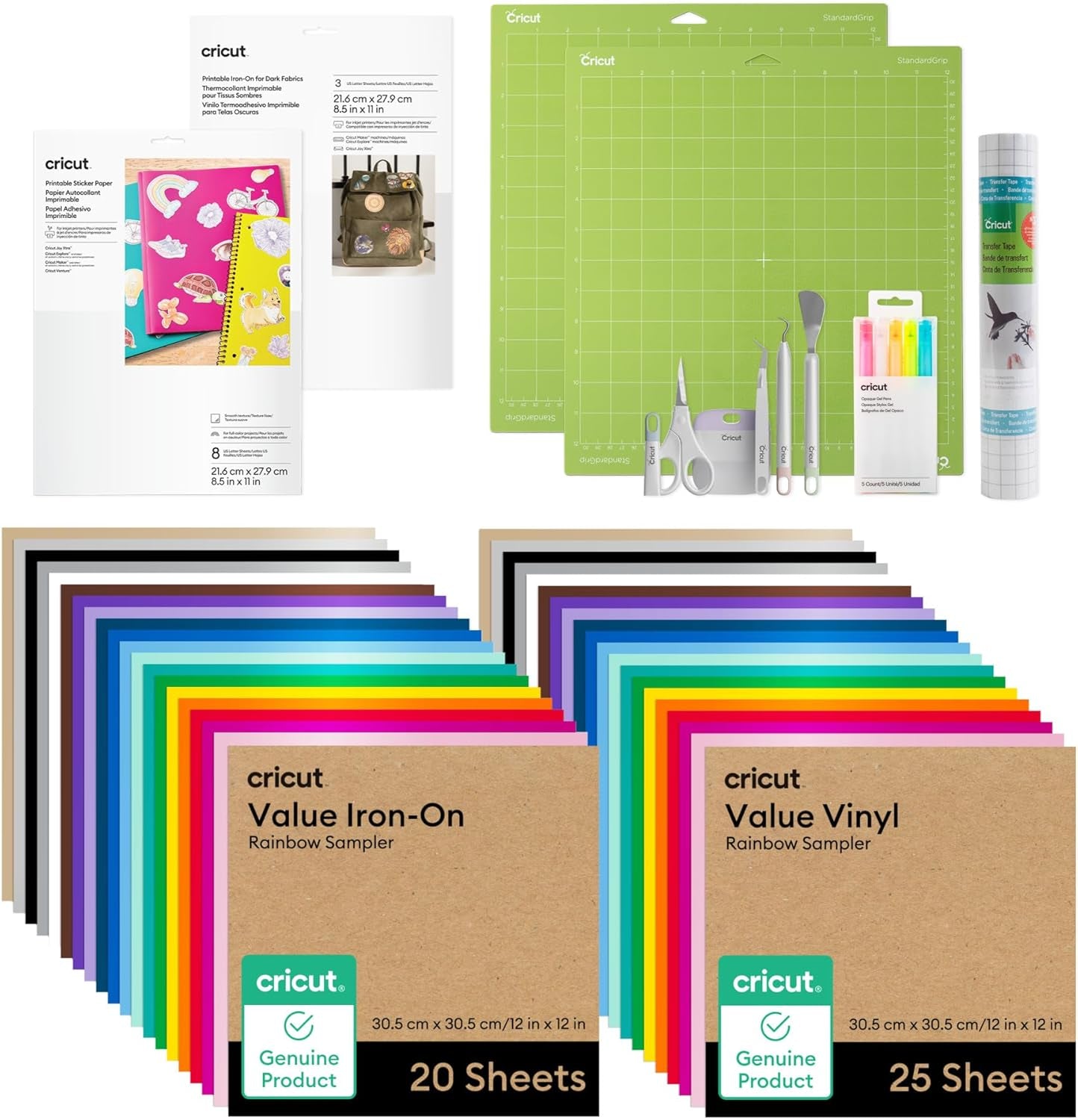 Cricut® All-In-One Materials & Accessories Bundle - Includes Vinyl, Iron-On HTV, Sticker Paper, Printable HTV, Tools, Mats, Pens, & More