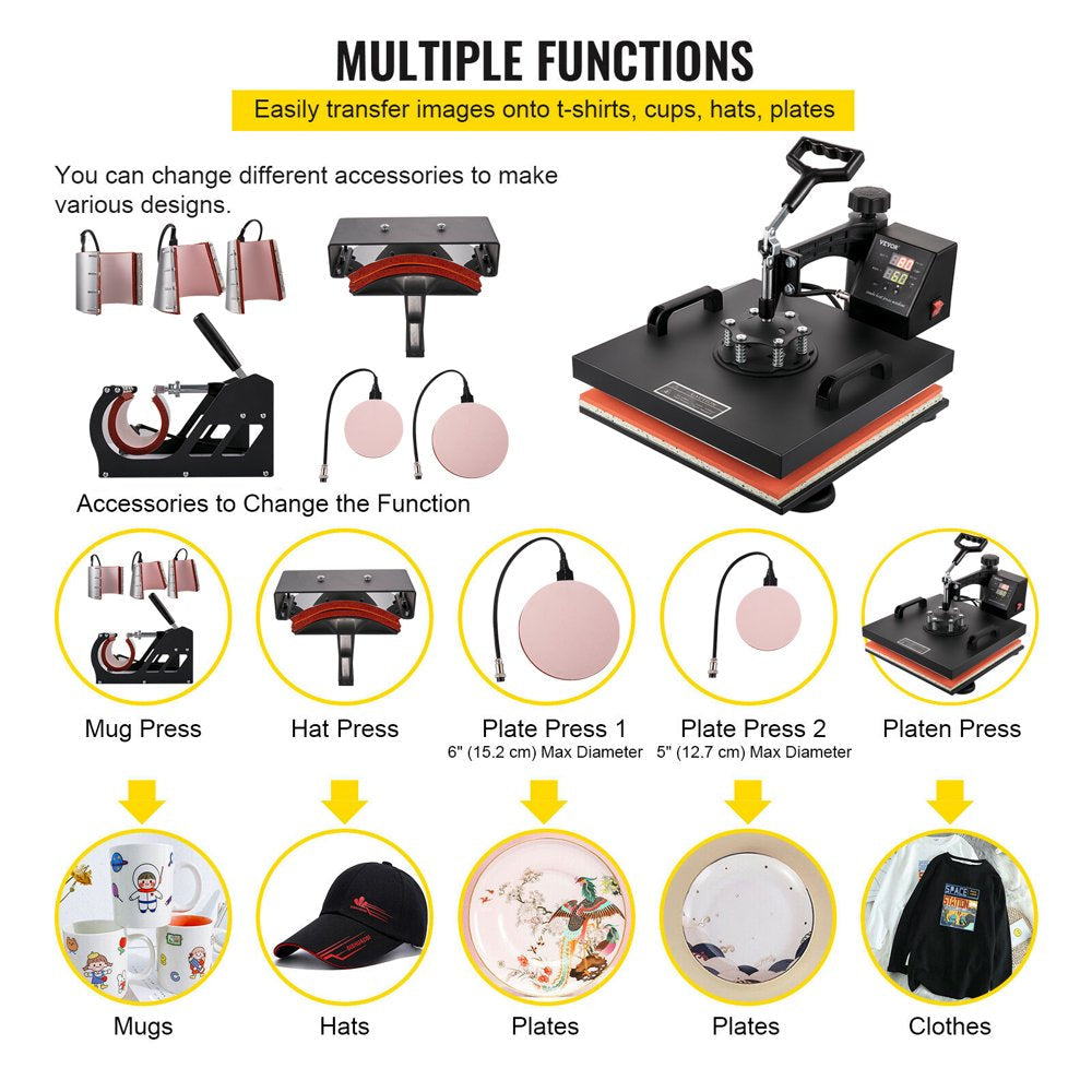 Heat Press Machine 15"X15" 8 in 1 Combo Digital Multifunctional Sublimation Heat Transfer Machine Dual LED Display 360 Degree Rotation Swing Away