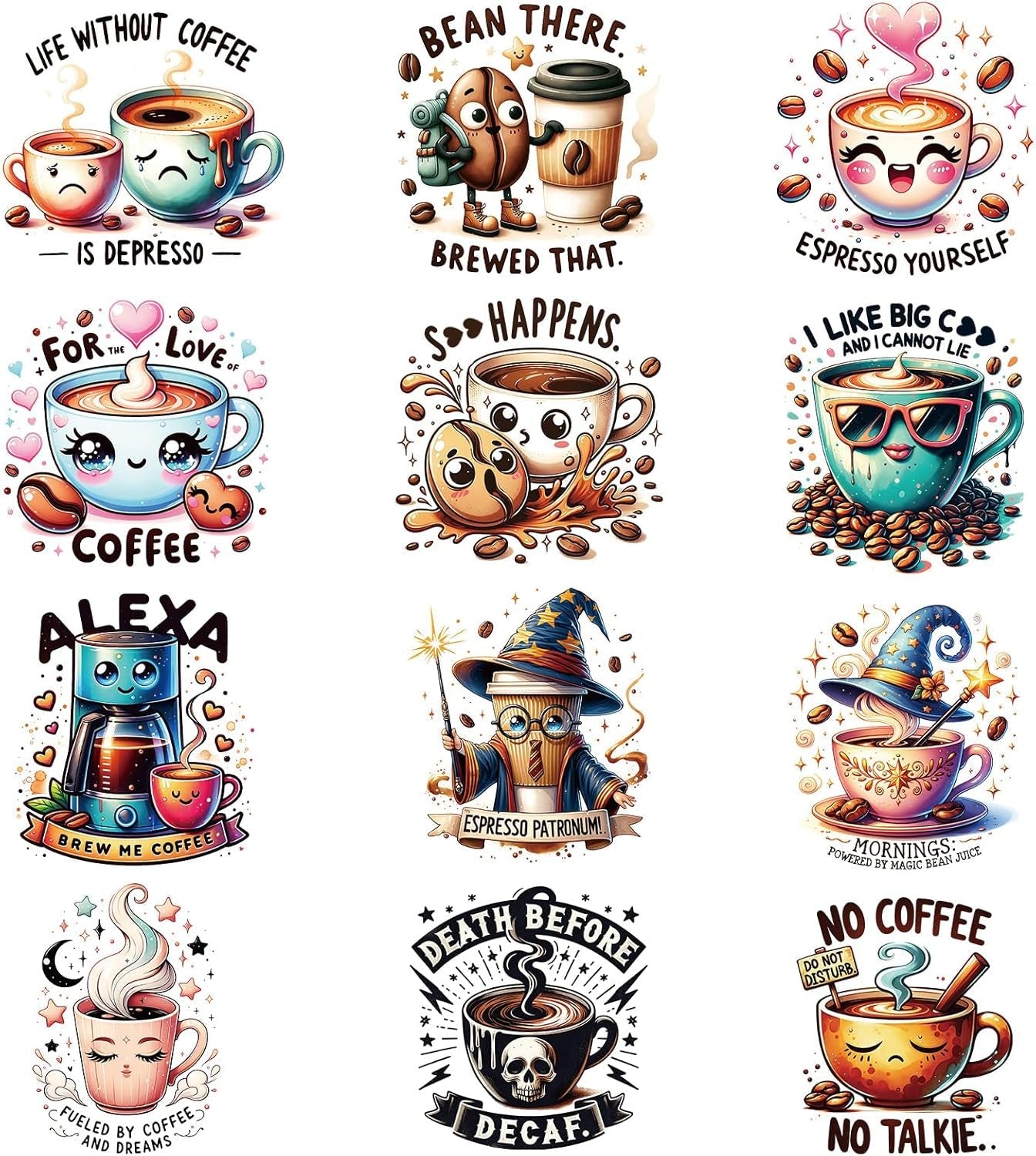 Funny Coffee Iron on Transfers - 12Pcs Dtf Transfers Ready to Press, Coffee Lovers Iron on Decals Patches, Caffeine Queen with Funny Quotes Heat Sublimation Stickers for DIY Tshirts Clothing