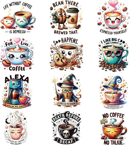 Funny Coffee Iron on Transfers - 12Pcs Dtf Transfers Ready to Press, Coffee Lovers Iron on Decals Patches, Caffeine Queen with Funny Quotes Heat Sublimation Stickers for DIY Tshirts Clothing