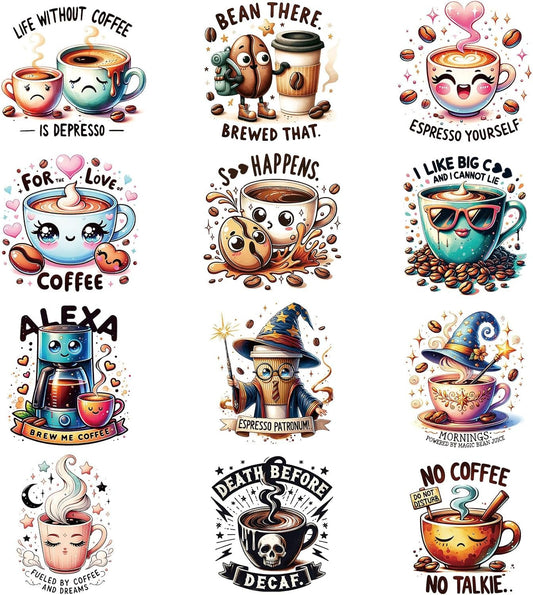 Funny Coffee Iron on Transfers - 12Pcs Dtf Transfers Ready to Press, Coffee Lovers Iron on Decals Patches, Caffeine Queen with Funny Quotes Heat Sublimation Stickers for DIY Tshirts Clothing