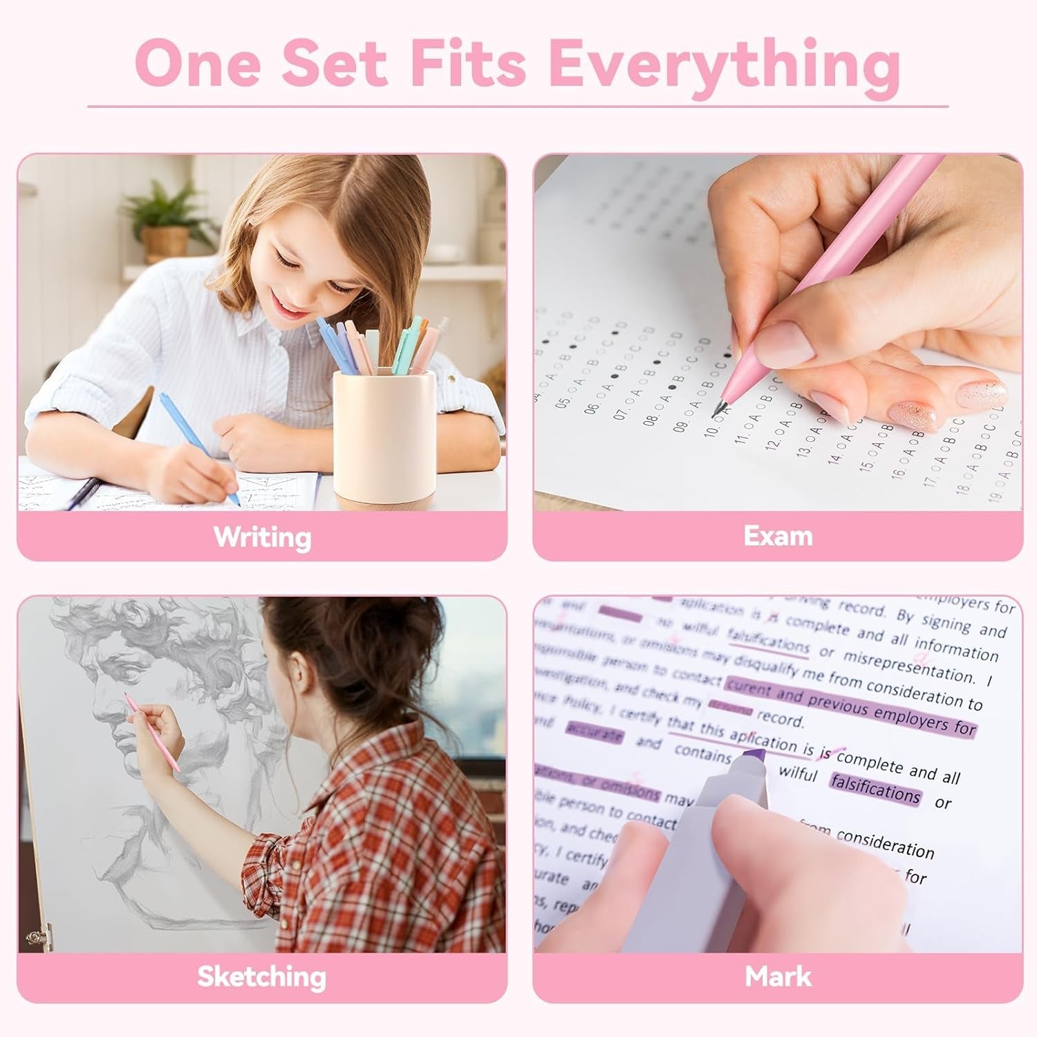 52 PCS Aesthetic School Supplies with Cute Pencil Case, Stationery Essentials with Pens Pencils and Pastel Highlighters Set, College Back to School Supplies for Teen Girls, Office Supplies - Pink