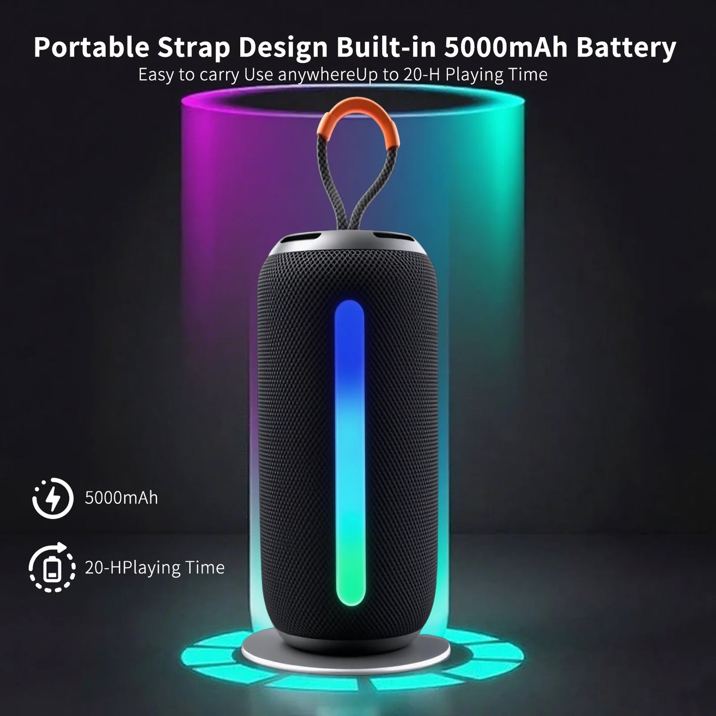 Portable Bluetooth Speaker with HD Sound, Waterproof & Dustproof Portable Speaker with Lights, up to 20H Playtime, BT5.3, Outdoor Speaker for Home/Party/Outdoor/Beach, Birthday Gift, Black