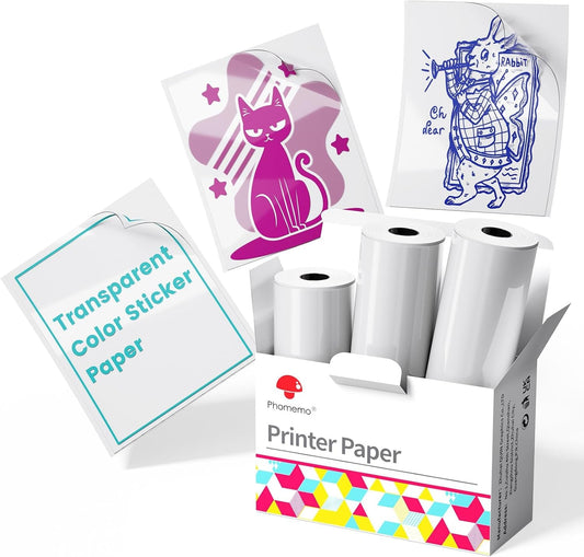 Phomemo Sticker Paper- Transparent Single-Color Pink, Blue, Green Thermal Paper for T02/T02Pro/Q02E/M02X/Y02C, Thermal Paper for Stickers, Study Notes, List, Diary 50Mm X 3.5M, Diameter 28Mm, 3-Rolls