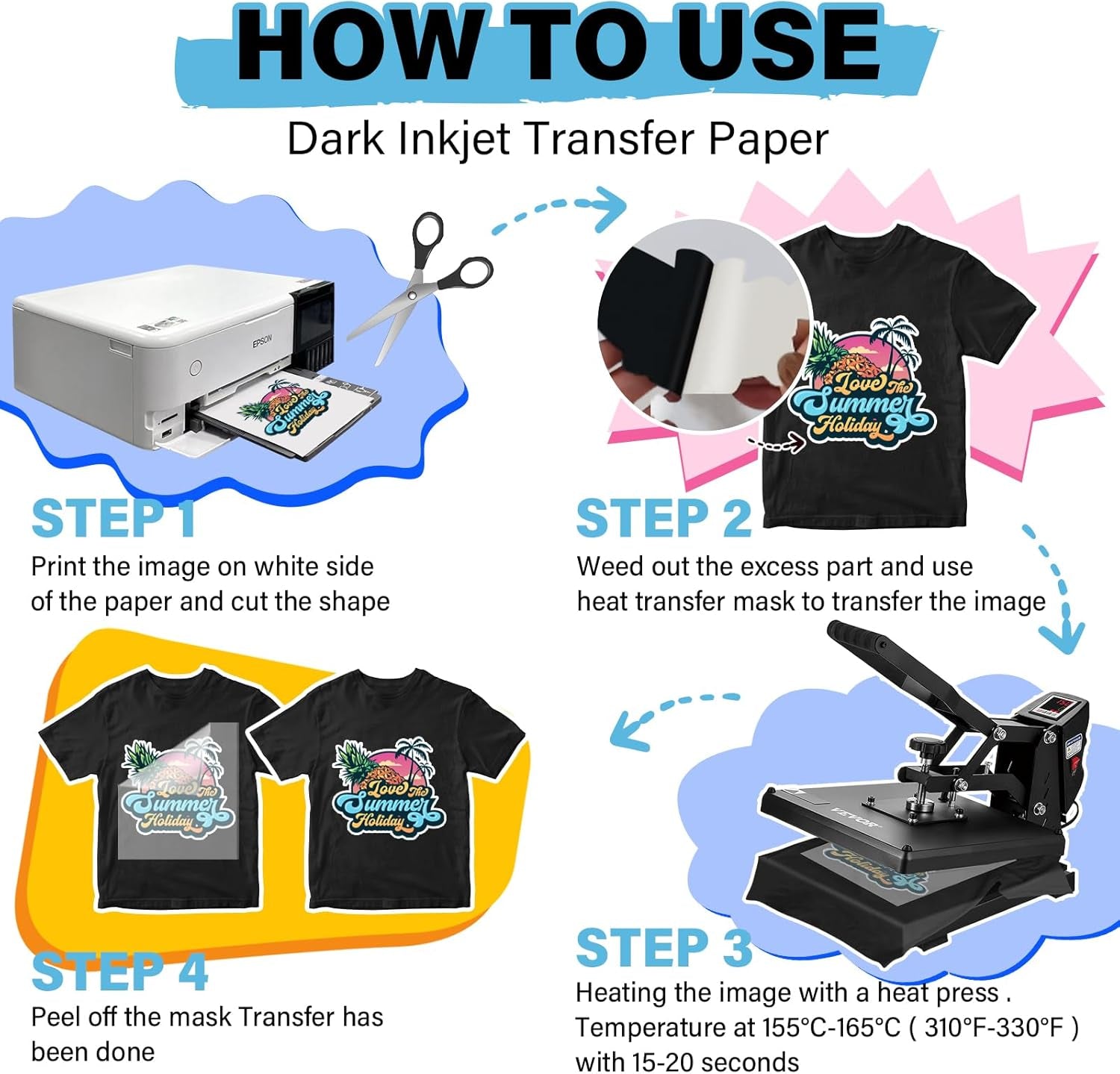 Printable Heat Transfer Paper for T-Shirts 10 Sheets, 8.3" X 11.7" Printable Heat Transfer Vinyl for Inkjet Printer, Iron on Transfer Paper for Light and Dark Fabric (Glow in Dark)