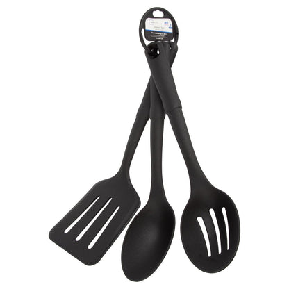 3-Piece Kitchen Utensil Set, Slotted Spatula, Slotted Spoon and Solid Spoon, Black, Nylon