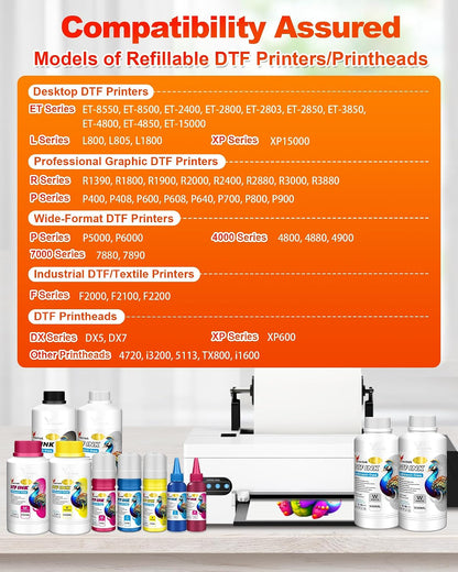 No Sediment DTF Ink 1500ML, DTF Transfer Ink for PET Film, Pigment Ink Refill for P600 P800 DX5 XP600 4720 I3200 I1600 5113. High Fluidity, Whiteness & Coverage (250Ml X 6, 2Wh+Cmyk)