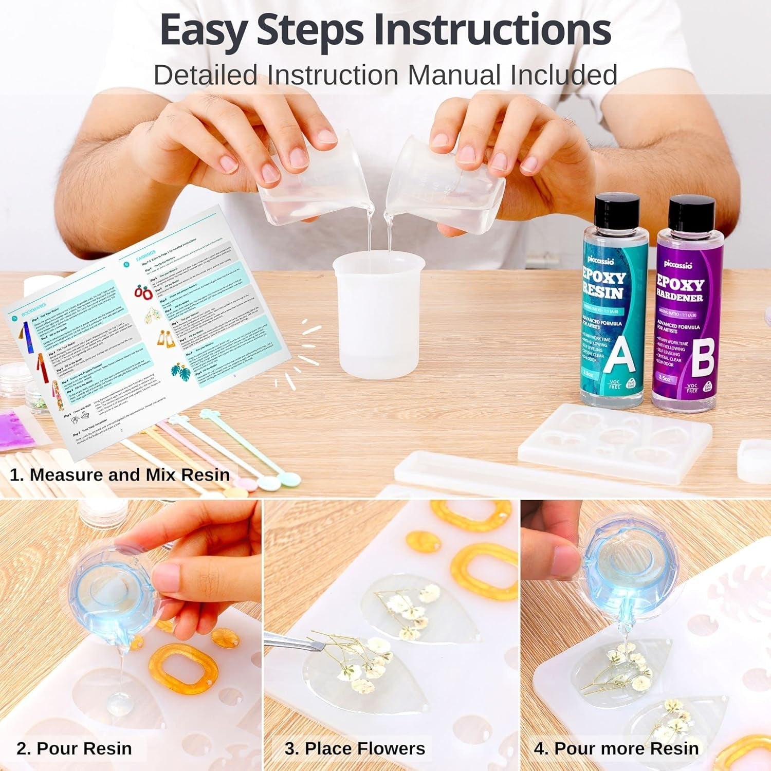 Piccassio Epoxy Resin Kit for Beginners – 208-Piece Jewelry Making & Craft Kit with Molds, Dried Flowers, Glitter & Tools – Complete Starter Set for Keychains, Bookmarks, Pendants & DIY Resin Art
