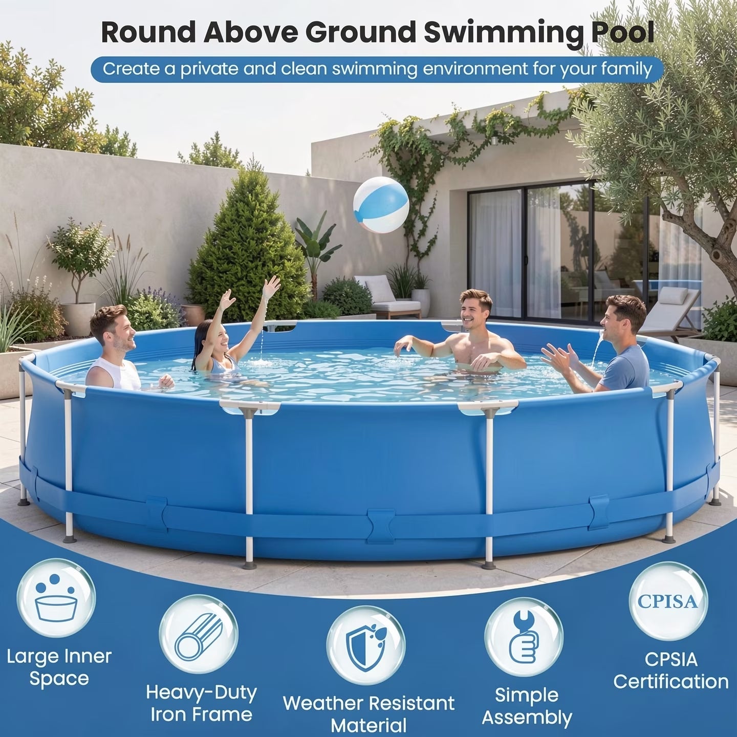 12Ft X 30In round above Ground Swimming Pool with Iron Frame & Pool Cover, 3-Layer PVC Mesh, Blue