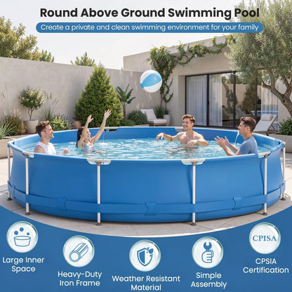 12Ft X 30In round above Ground Swimming Pool with Iron Frame & Pool Cover, 3-Layer PVC Mesh, Blue
