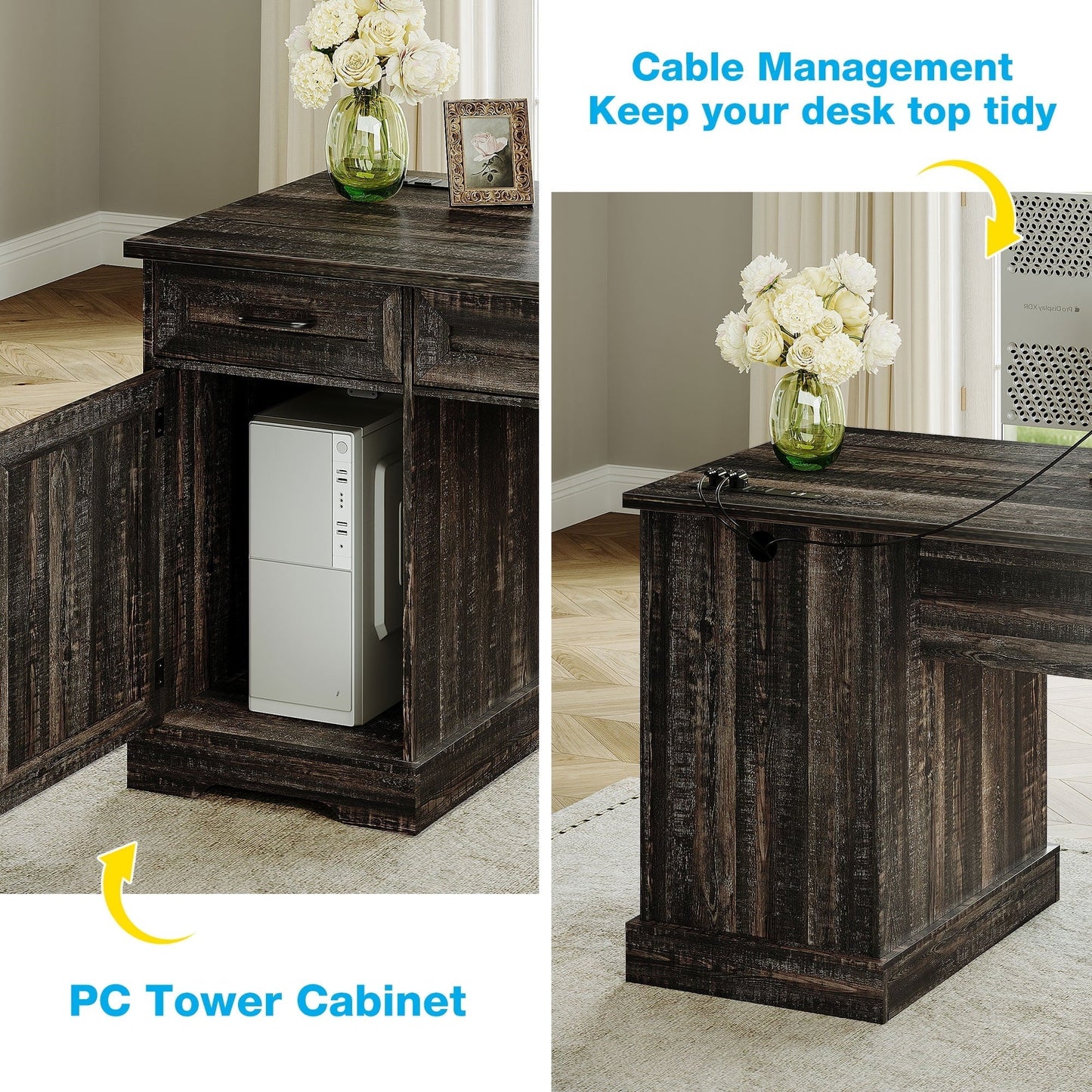 Home Office Desk with File Cabinet and Drawers, 59" Executive Desk with USB Power Outlet, Storage Cabinet for CPU, Workstation Table for Study, Dark Oak