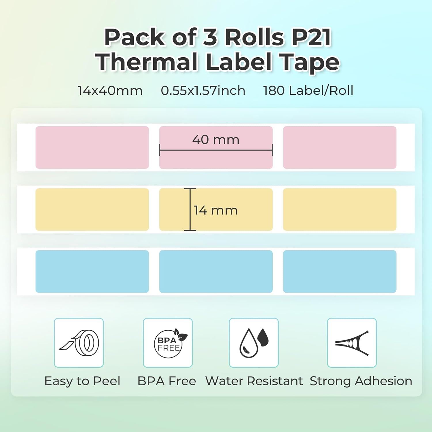 NELKO Genuine P21 Label Maker Tape, Adapted Label Print Paper, 14X40Mm (0.55"X1.57"), Standard Laminated Office Labeling Tape Replacement, Multipurpose of P21, 180 Tapes/Roll, 3-Roll, Blue/Yellow/Pink