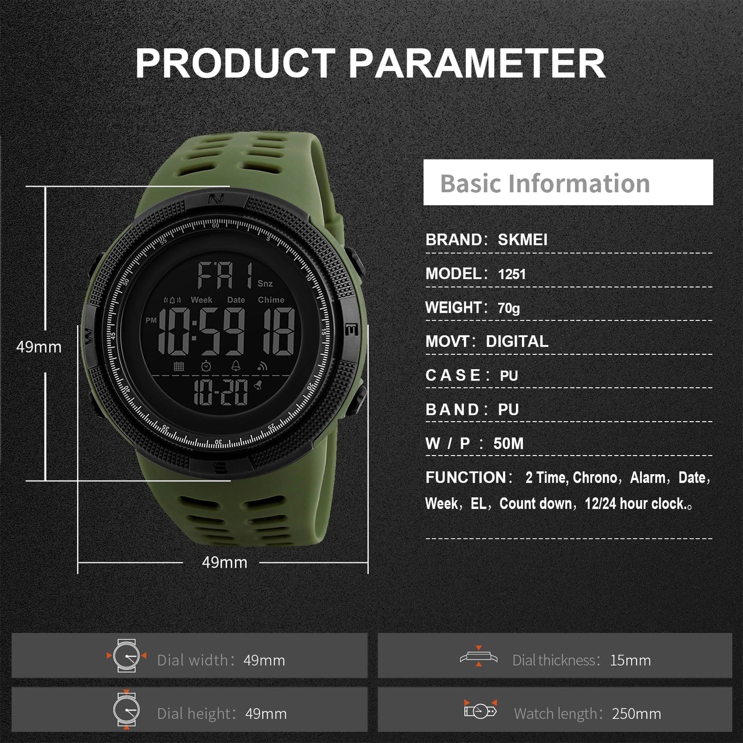 Men'S Watch Waterproof Digital Sport Watch Military Digital Watches for Men Alarm Back Light Classic Large Face Watch Army Green
