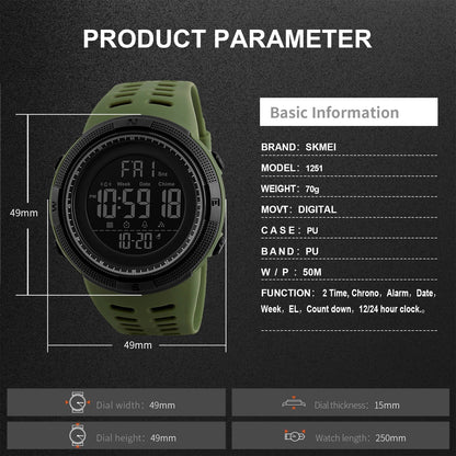 Men'S Watch Waterproof Digital Sport Watch Military Digital Watches for Men Alarm Back Light Classic Large Face Watch Army Green