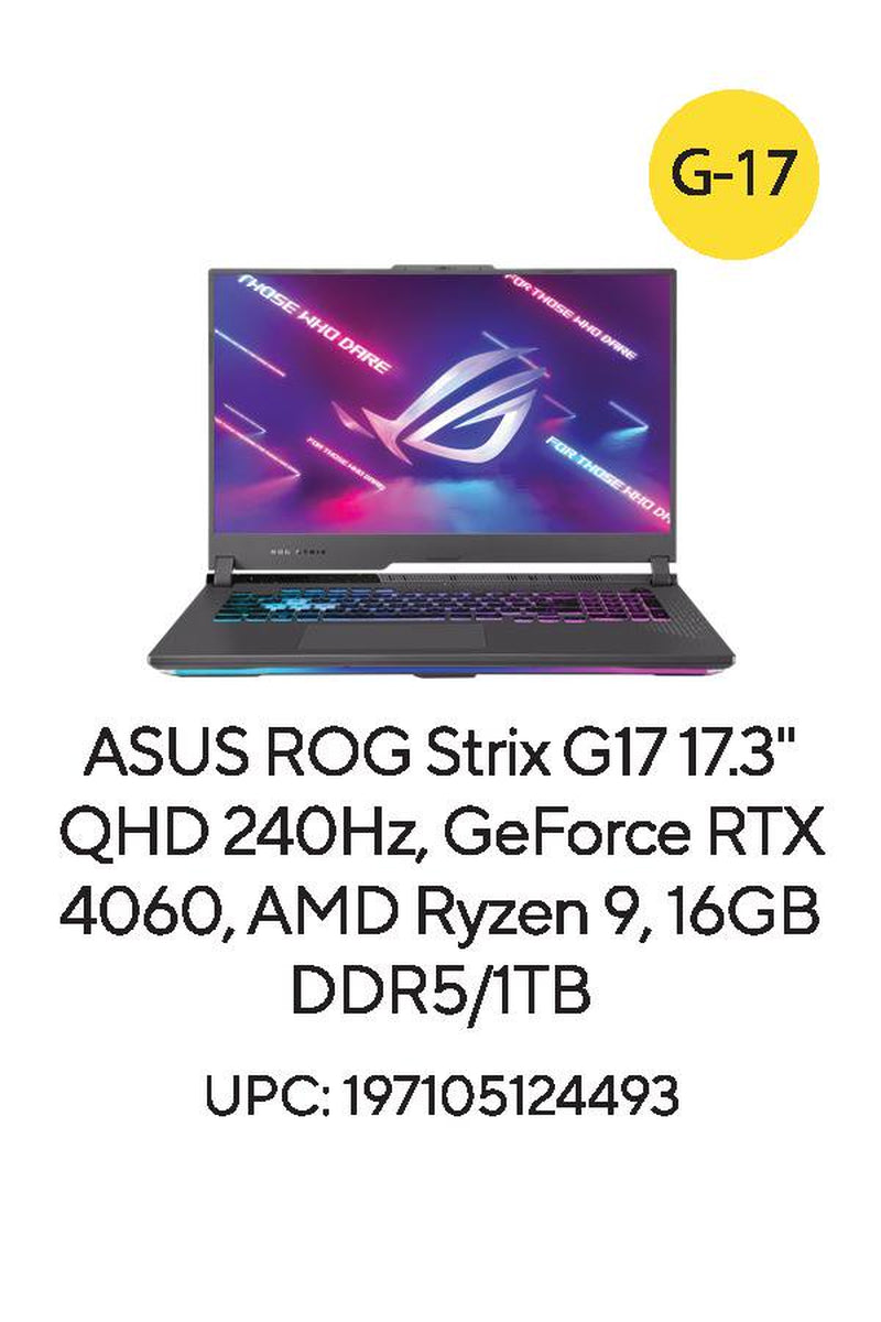 ROG Strix G17 (2023) 17.3” QHD 240Hz Gaming Laptop, Ryzen 9-7845HX, NVIDIA Geforce RTX 4060, 16GB DDR5 RAM, 1TB SSD, Windows 11, G713PV-WS94