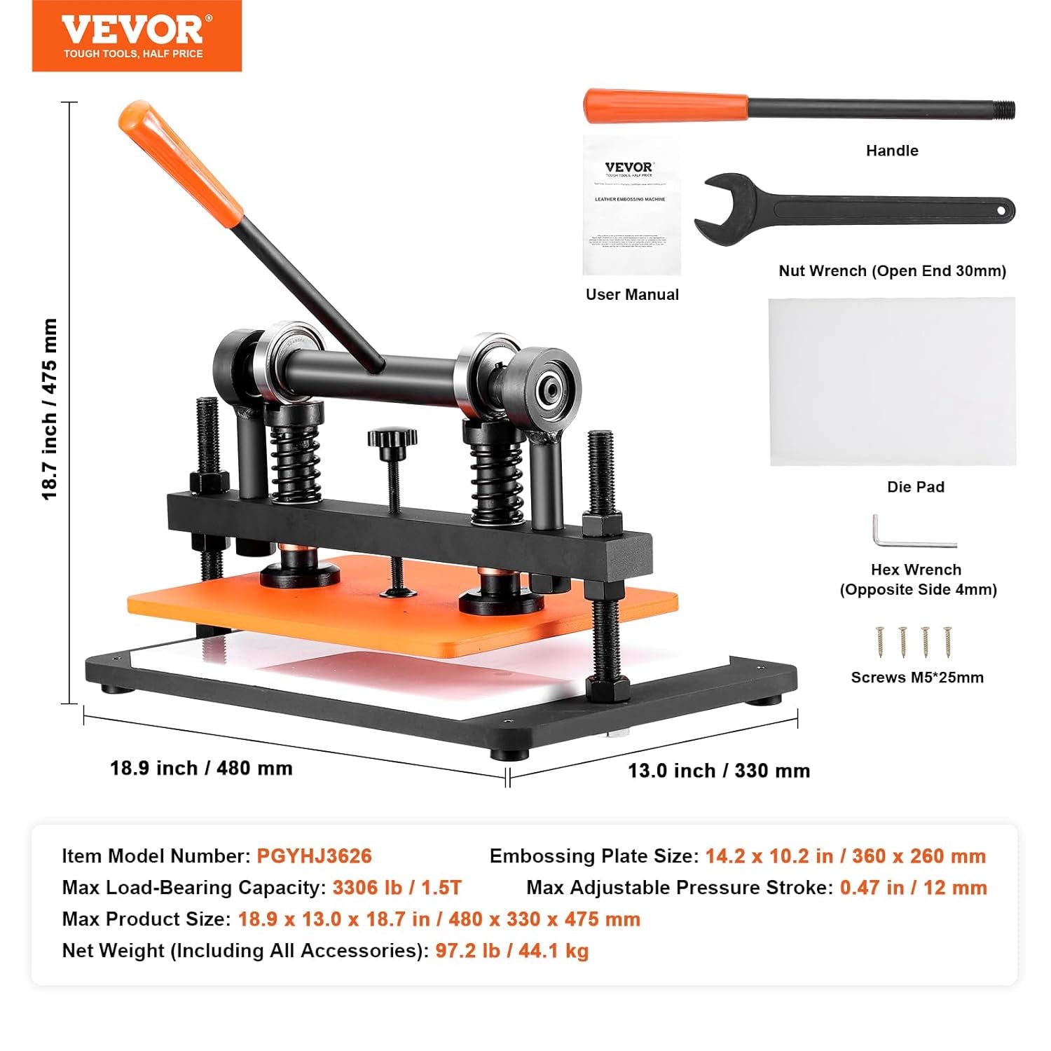 VEVOR Leather Cutting Machine, 14.2 X 10.2 in Embossing Plate Manual Die Cutter, 0.47 in Pressure Stroke Leather Embossing Machine, Dual Guide Shafts Die Cut Machine for Various of Materials