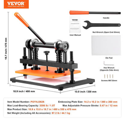 VEVOR Leather Cutting Machine, 14.2 X 10.2 in Embossing Plate Manual Die Cutter, 0.47 in Pressure Stroke Leather Embossing Machine, Dual Guide Shafts Die Cut Machine for Various of Materials
