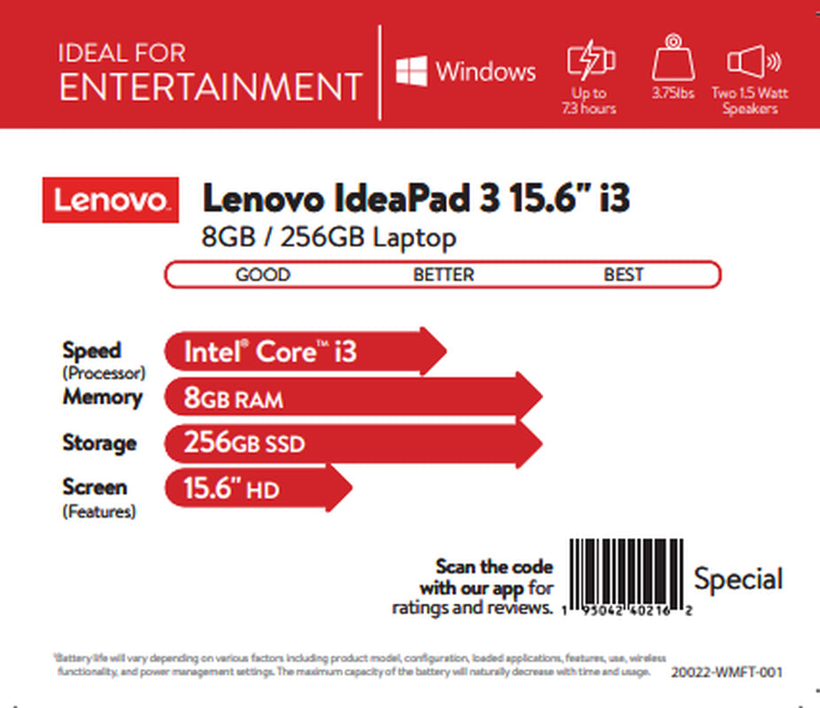 Ideapad 3 15" Laptop, Intel Core I3-1005G1 Dual-Core Processor, 8GB Memory, 256GB Solid State Drive, Windows 10S - Abyss Blue - 81WE008HUS (Google Classroom Compatible)