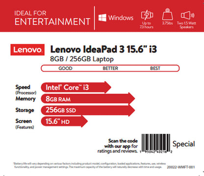 Ideapad 3 15" Laptop, Intel Core I3-1005G1 Dual-Core Processor, 8GB Memory, 256GB Solid State Drive, Windows 10S - Abyss Blue - 81WE008HUS (Google Classroom Compatible)