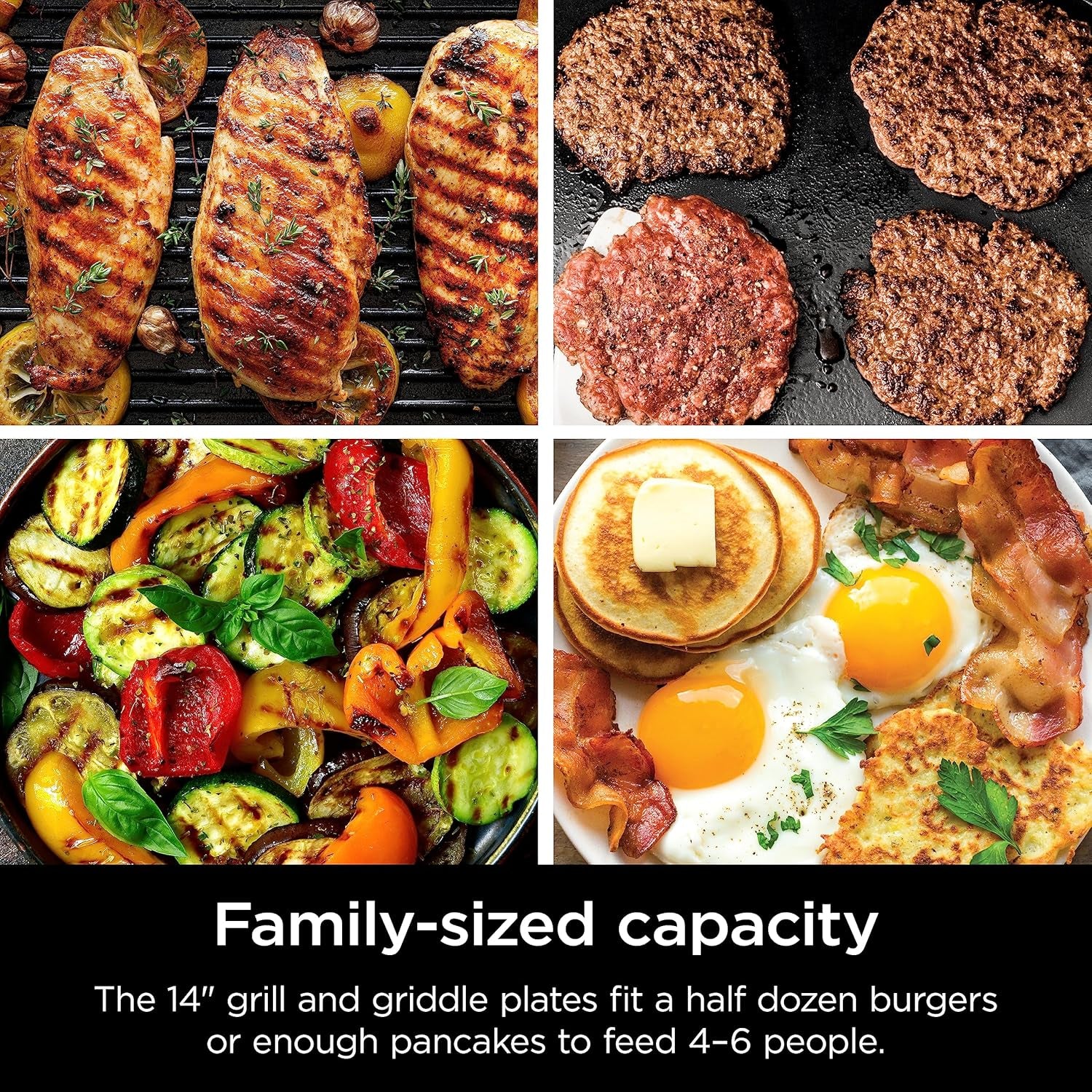 Ninja® Sizzle™ Indoor Grill & Griddle, 14'', 500°F, Grey/Silver, GR101 | Interchangeable Nonstick Grill & Griddle Plate, Dishwasher-Safe Lid, 500°F Edge-To-Edge Heat for Perfect Char-Grilled Marks.