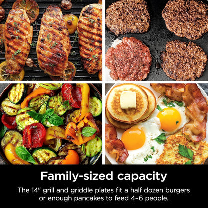 Ninja® Sizzle™ Indoor Grill & Griddle, 14'', 500°F, Grey/Silver, GR101 | Interchangeable Nonstick Grill & Griddle Plate, Dishwasher-Safe Lid, 500°F Edge-To-Edge Heat for Perfect Char-Grilled Marks.