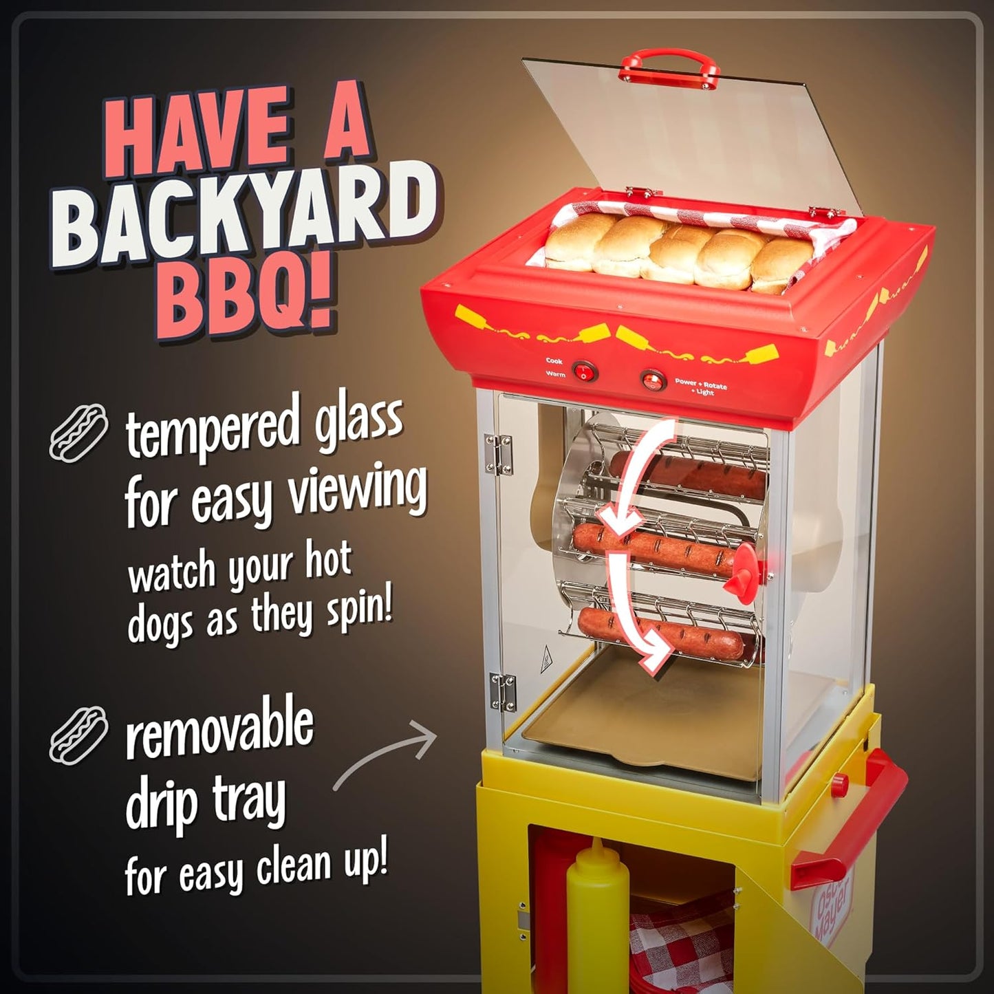 Nostalgia Oscar Mayer Hot Dog Ferris Wheel - Retro Style Hot Dog Roller Cart Toaster - Classic 6-Piece Grill Machine with Bun Warmer, Push Handle, Wheels, Transparent Housing, Storage Compartment