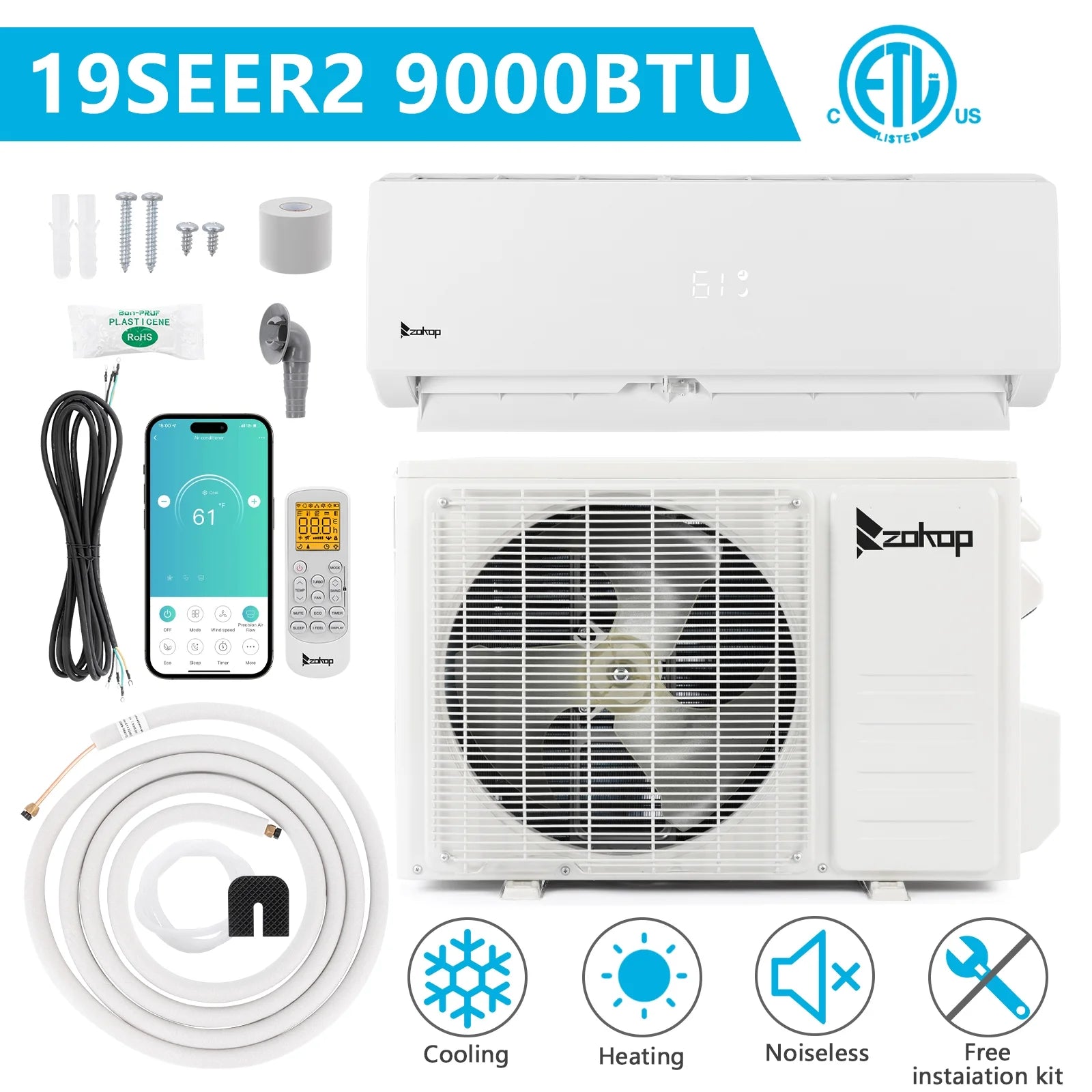 9000 BTU Wifi Enabled 19 Seer Mini Split Air Conditioner & Heater AC 115V