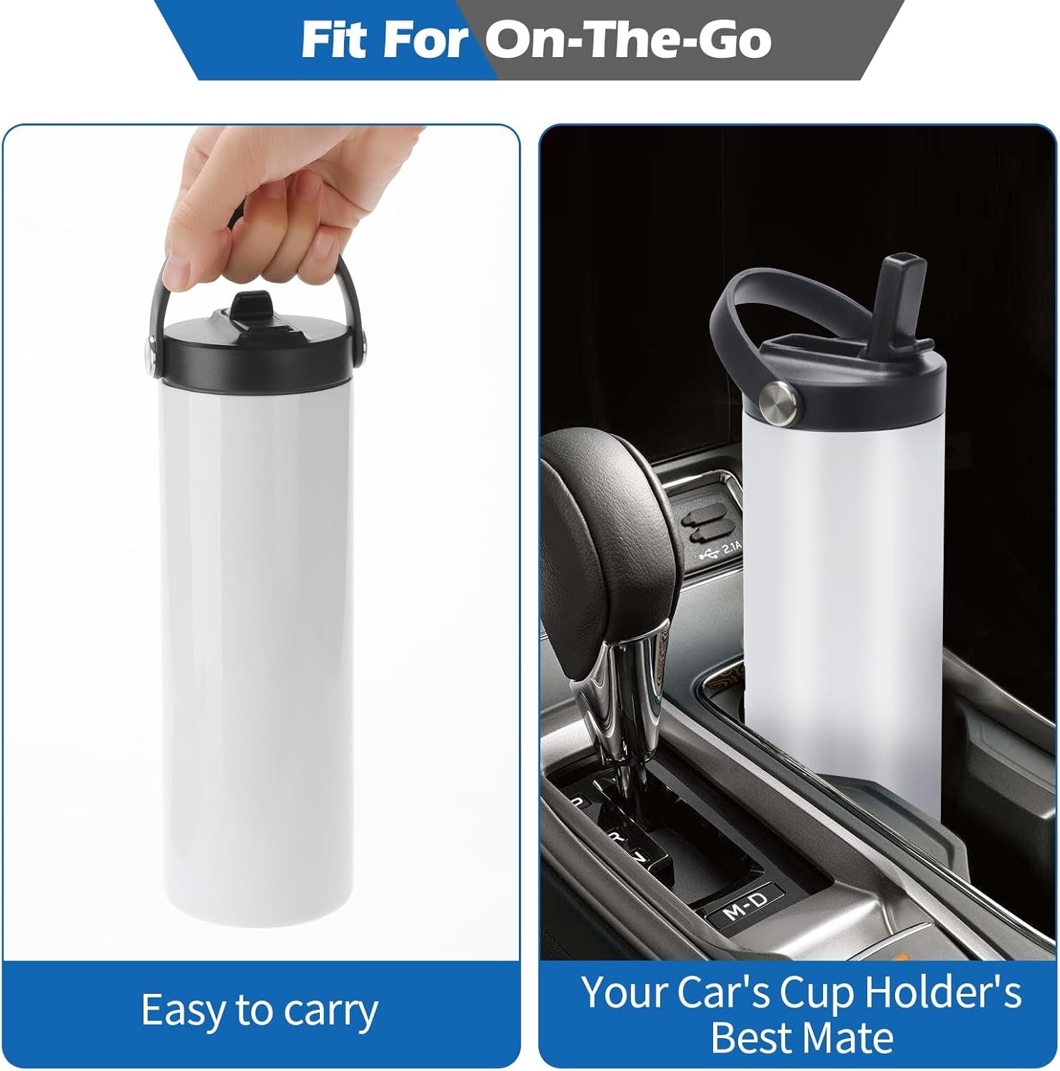 25 Pack Sublimation Tumblers Flat Edge Blanks Skinny Straight 20 Oz, Stainless Steel Double Wall Insulated Sublimation Water Bottles with Portable Handle & Straw Lids for Heat Transfer, White