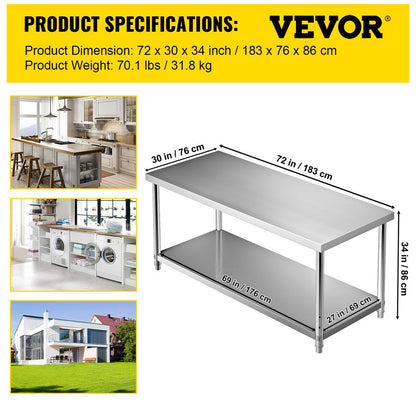 Stainless Steel Prep Table, 72 X 30 X 34 Inch, 550Lbs Load Capacity Heavy Duty Metal Worktable with Adjustable Undershelf, Commercial Workstation for Kitchen Restaurant Garage Backyard