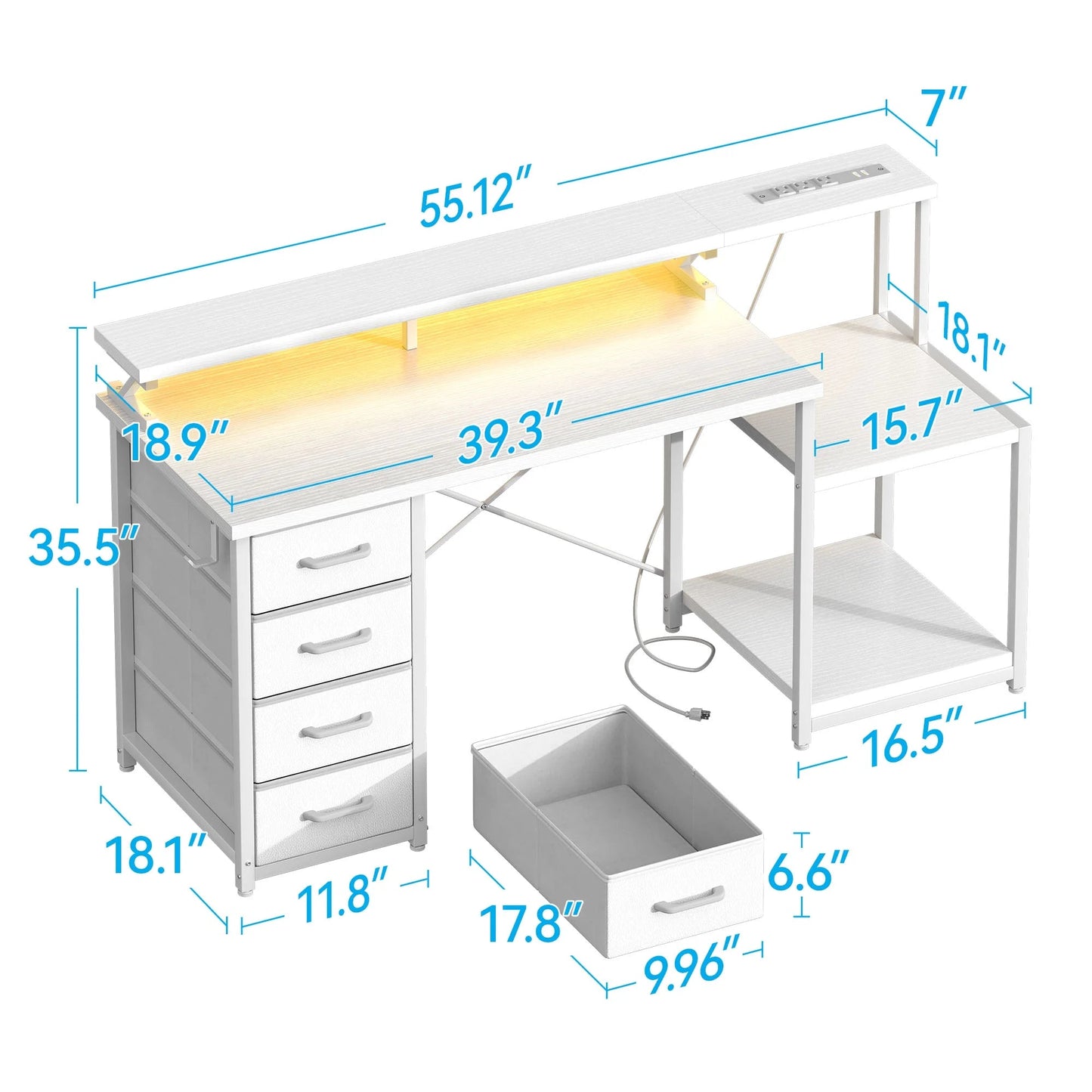 55 Inch Computer Desk with USB Ports and Power Outlets, Printer Shelf & Built-In LED, 4 Drawers & Storage Shelf, Home Office Desks, White