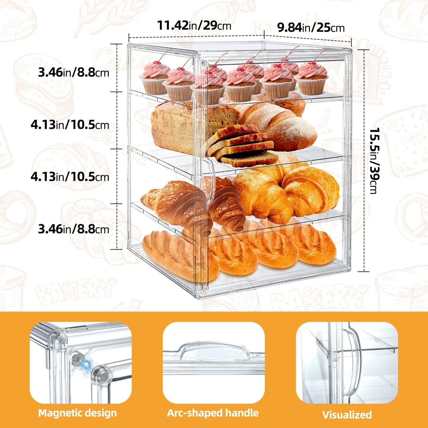 15.5 X 11.4 X 9.8 Inch 4-Tier-Party Display Case, Bakery Display Case Countertop,Adjustable Clear Bread Storage with Magnetic Door Bakery Pastry Display, Cookies and Donuts