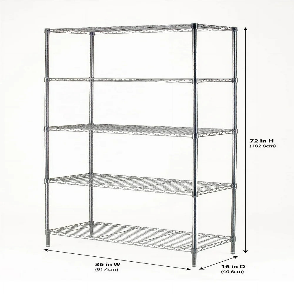 Chrome Wire 5-Tier 72" H X 36" W X 16" D, 1750Lb Total Capacity