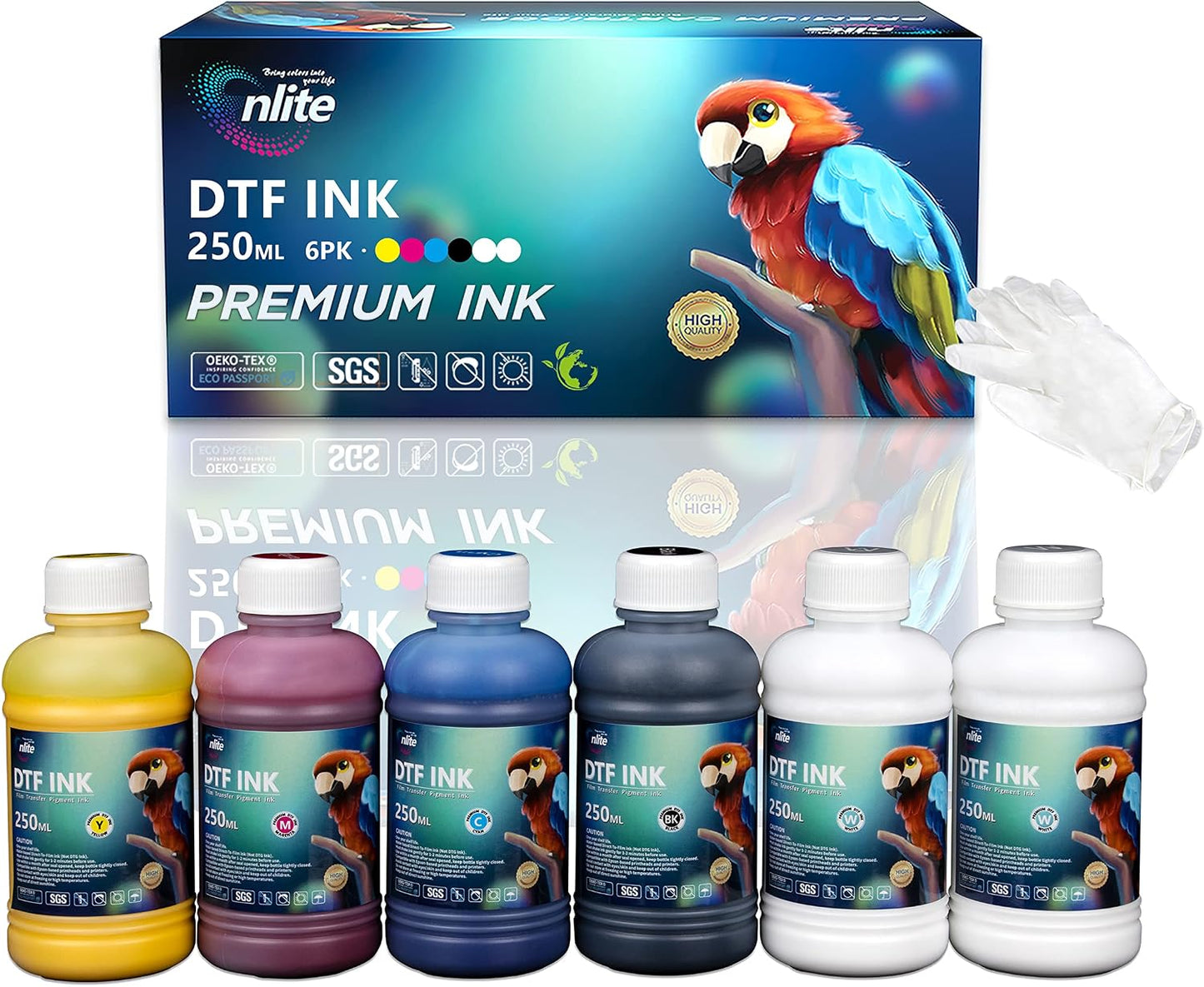 Enlite DTF Ink 250ML Combo Pack, Premium Pigment Ink for PET Film Heat Transfer Printing, Refill for DTF Printer with Printhead DX5 DX7 5113 XP600 I3200 4720 TX800, 2W+1B+1C+1M+1Y