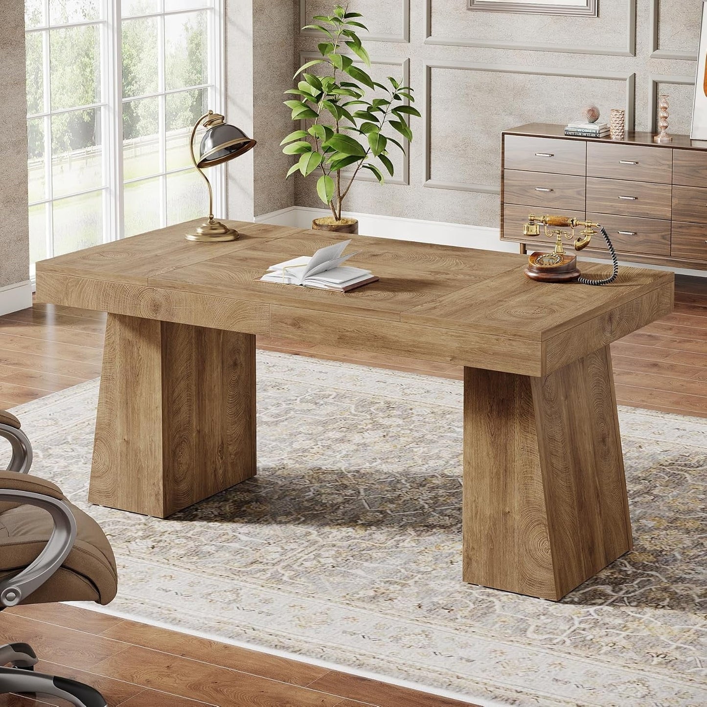 55 Inches Executive Desk, Mid-Century Modern Home Office Desk with Double Trapezoid Base