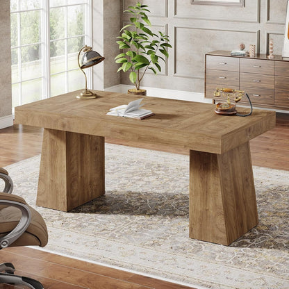 55 Inches Executive Desk, Mid-Century Modern Home Office Desk with Double Trapezoid Base