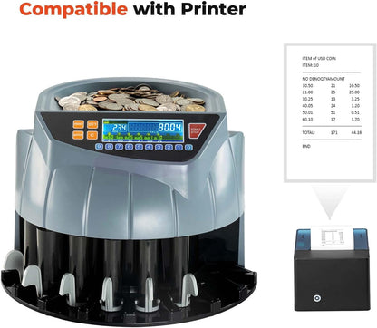 MUNBYN Coin Counter Machine, Coin Sorter Machine, 1¢, 5¢, 10¢, 25¢, 50¢ and Dollar, 250 Coins/Min, Compatible with Printer, Batch Mode Change Counter Machine, 6 Bins and Tubes Roller