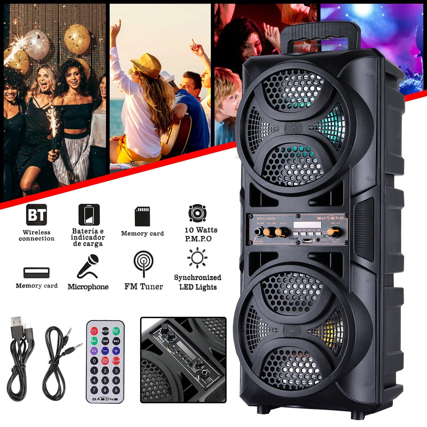Dual 6.5" Woofer Portable FM Bluetooth Party Speaker Heavy Bass Sound Remote Control