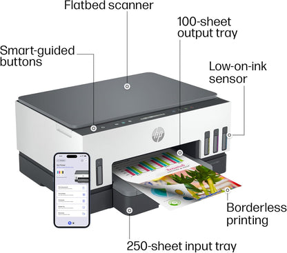 HP Smart Tank 7001 Wireless All-In-One Ink Tank Printer, Scanner, Copier with 2 Years of Ink Included, Best-For-Home Office, Cartridge-Free Refillable, Ai-Enabled (28B49A)