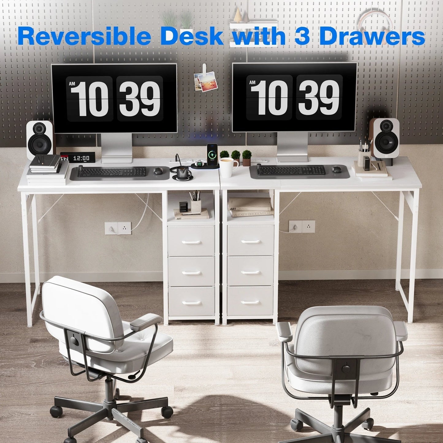 40 Inch Computer Desk with Power Outlets, Home Office Desk with 3 Drawers, Writing Desk with Removable Monitor Shelf, Pure White