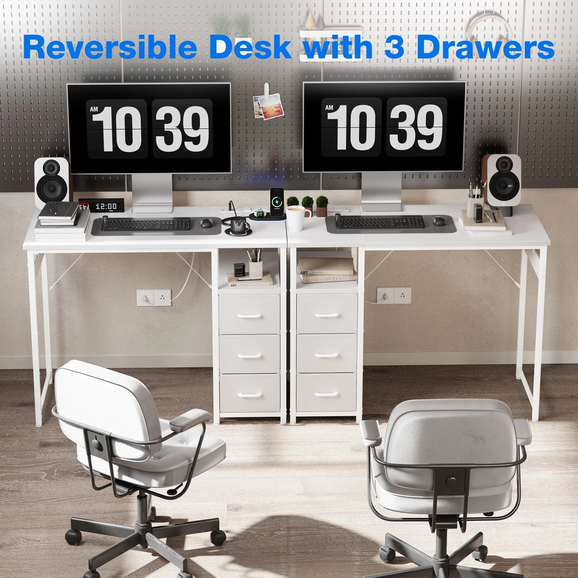 40 Inch Computer Desk with Power Outlets, Home Office Desk with 3 Drawers, Writing Desk with Removable Monitor Shelf, Pure White