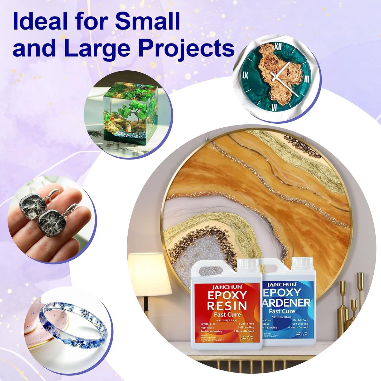 JANCHUN Crystal Clear Epoxy Resin Kit 72Oz, Bubble-Free, Anti-Yellowing, Self Leveling Easy Mix 1:1 Coating and Casting Resin for Table Top, Molds, Tumbler Crafts, Painting, Jewelry, DIY Gifts