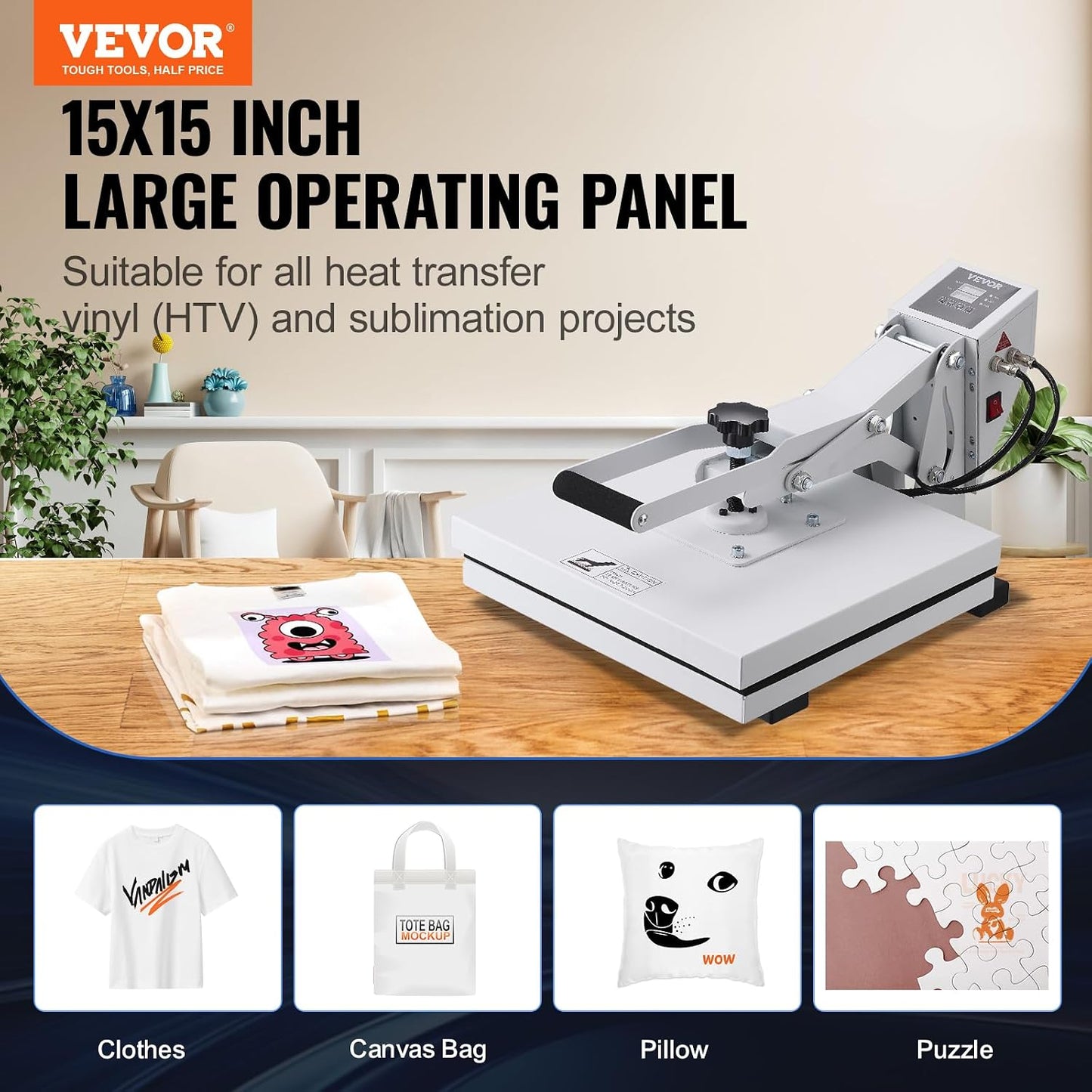VEVOR Heat Press, 15X15 Heat Press Machine, Fast Heating, High Pressure Heat Press Machine for T-Shirt, Power Digital Industrial Sublimation Printer for Heat Transfer Vinyl, Easy to Use, White