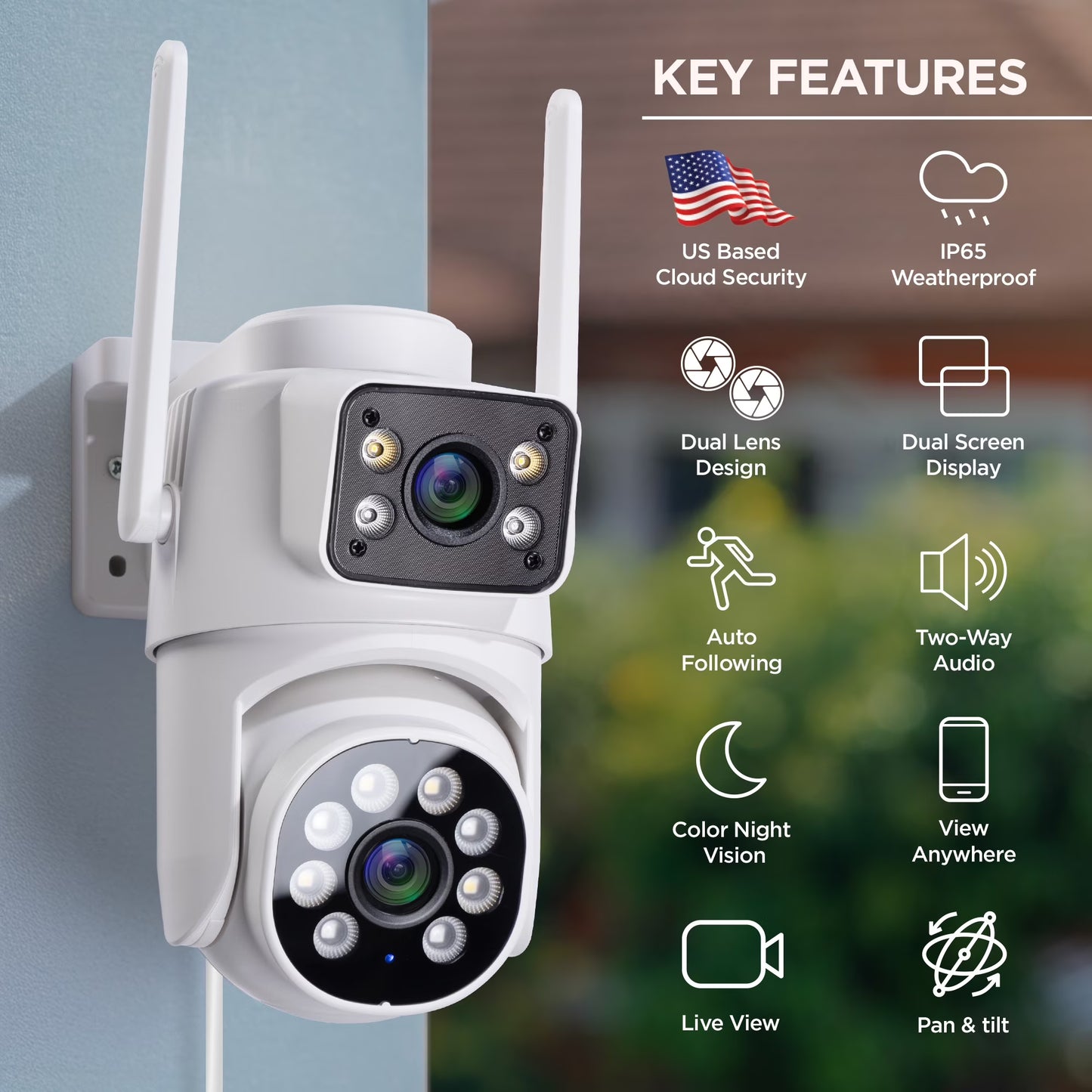 Outdoor Camera 1080P - Dual Lens Pan-Tilt Security Cam, White (1-Pack)