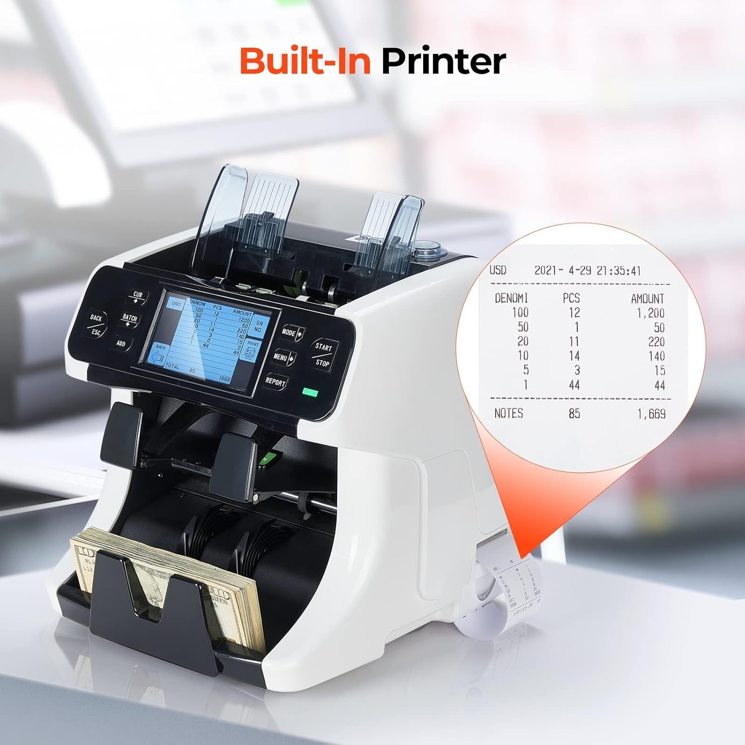 MUNBYN IMC40 2-Pocket Money Counter Machine Mixed Denomination and Sorter, Built-In Printer, Sort on DENOM/FACE/ORI, Value Counting, Counterfeit Detection 2 CIS/UV/MG/IR, Touch Screen, 2Y Protection